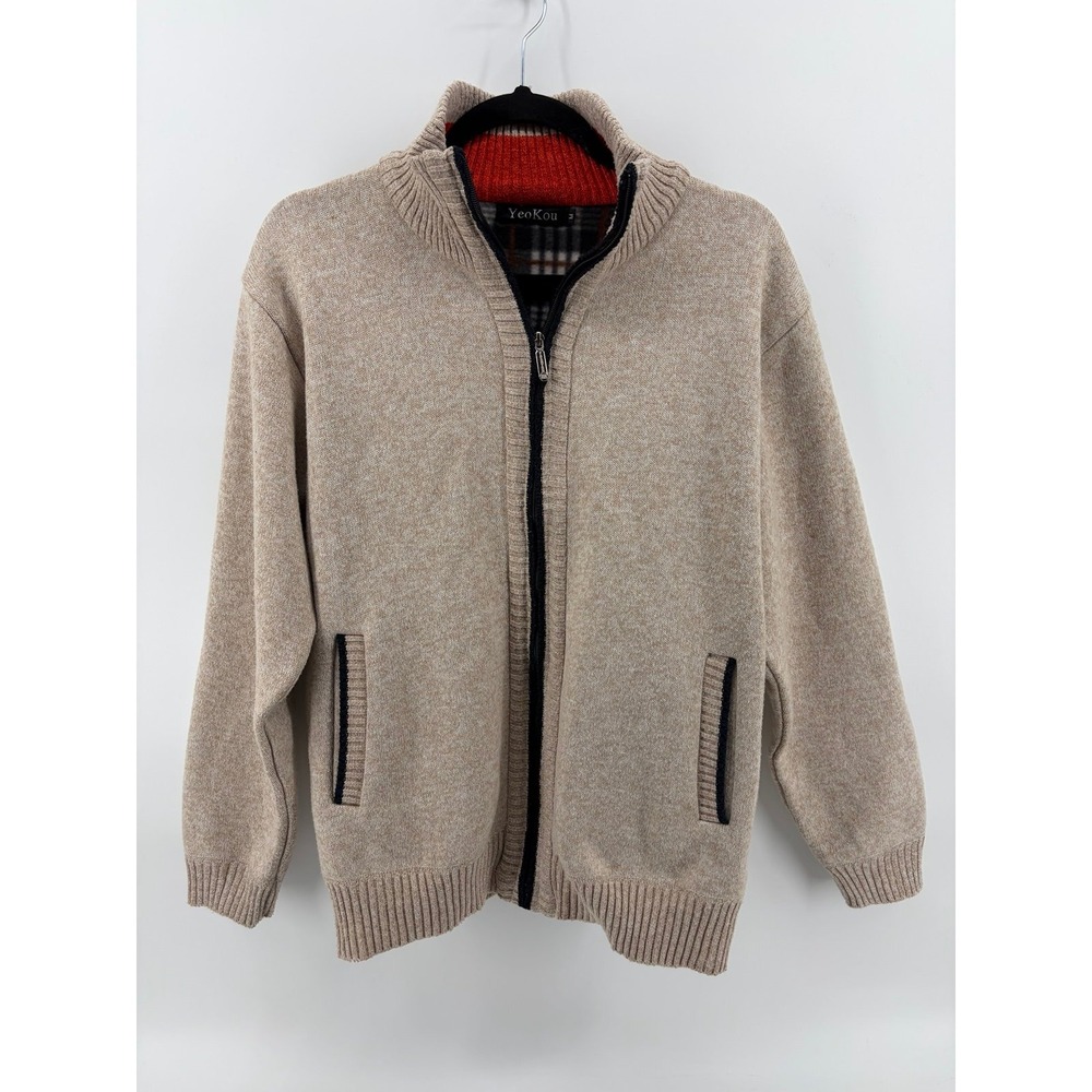 YeoKou, Cashmere/Wool Blend, Full Zip Sweater, Beige Mock Neck, Casual, Size Lar